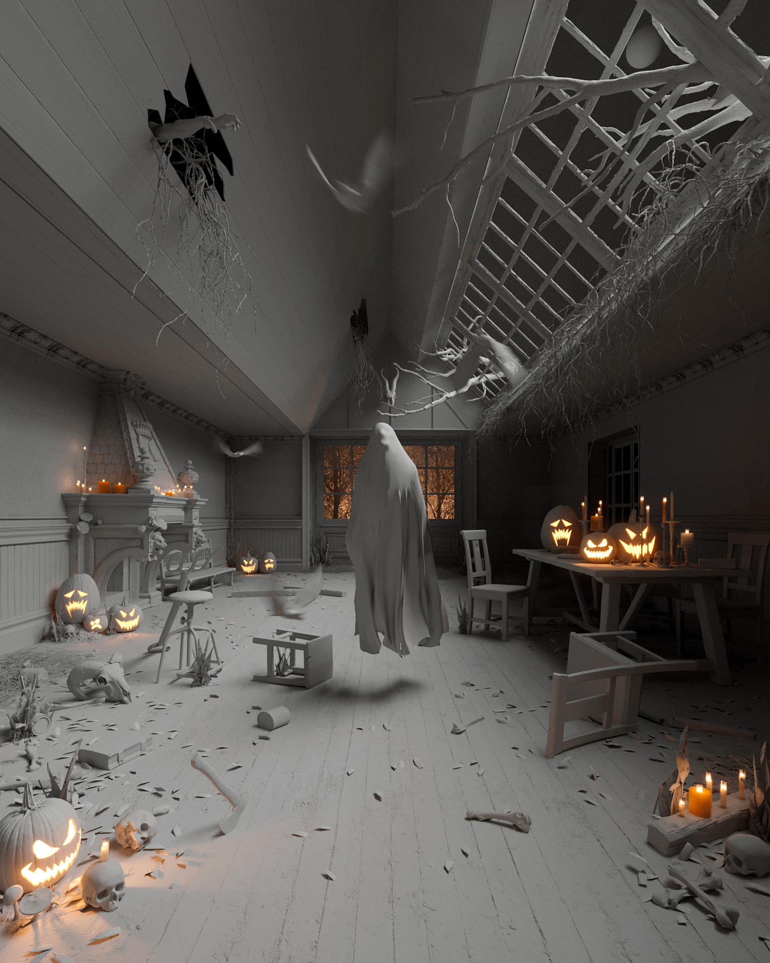 Ghost in a House 3D Render, Digital Art by RicDigital