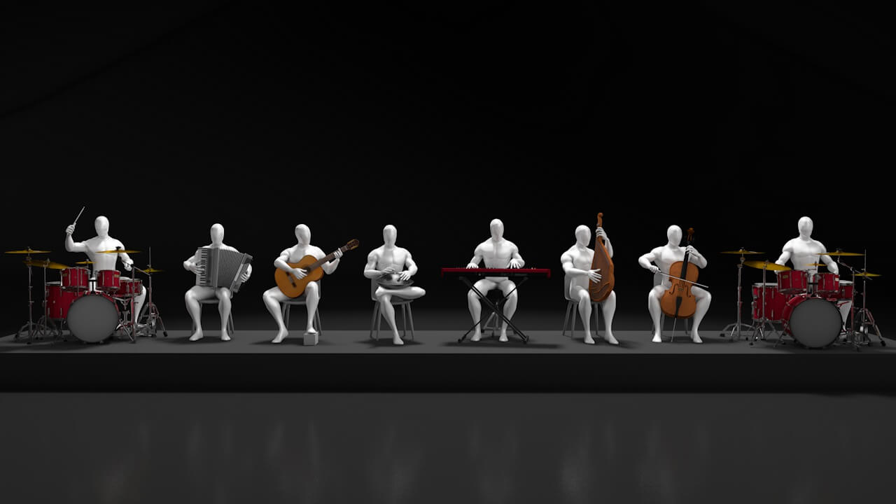 35 Musicians With Different Instruments - 3D Model by Serjibald