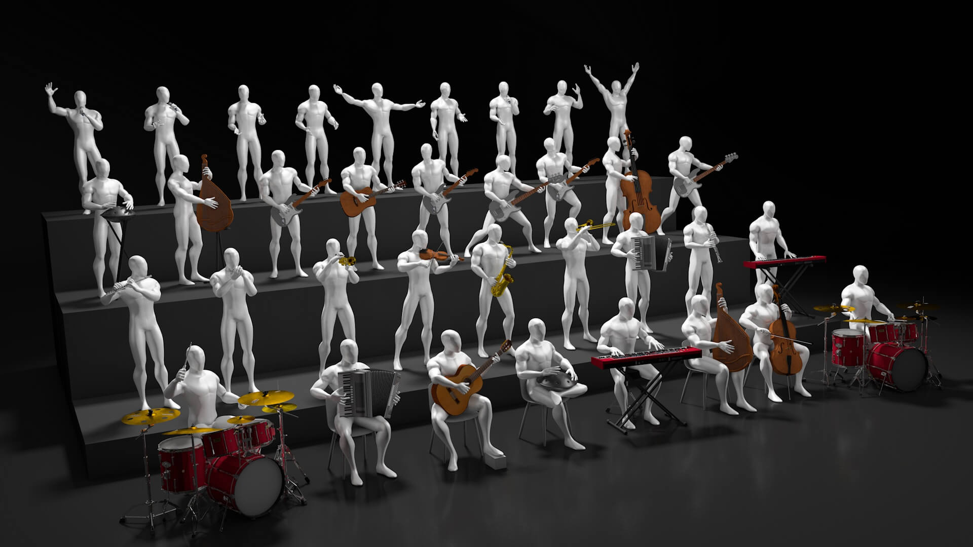 35 Musicians With Different Instruments - 3D Model by Serjibald