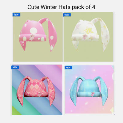 Cute Winter Bunny Hats &ndash Stylized 3D Pack 4 Variations