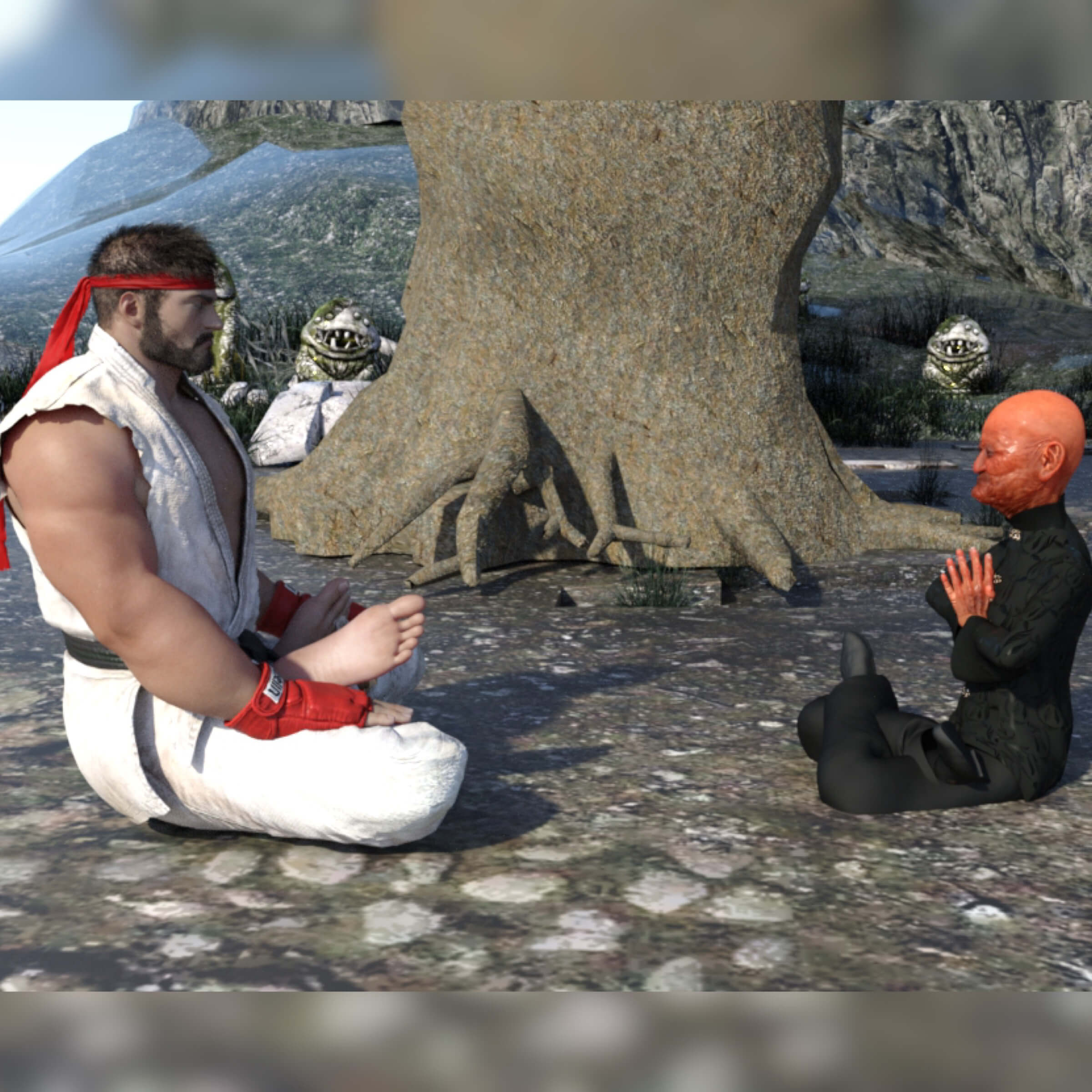 Master Or Ryu Ryu and the Master 3D Render, Digital Art by Skribbler