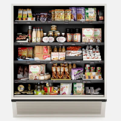 Showcase in a Supermarket With Sweets Cereals and Snack