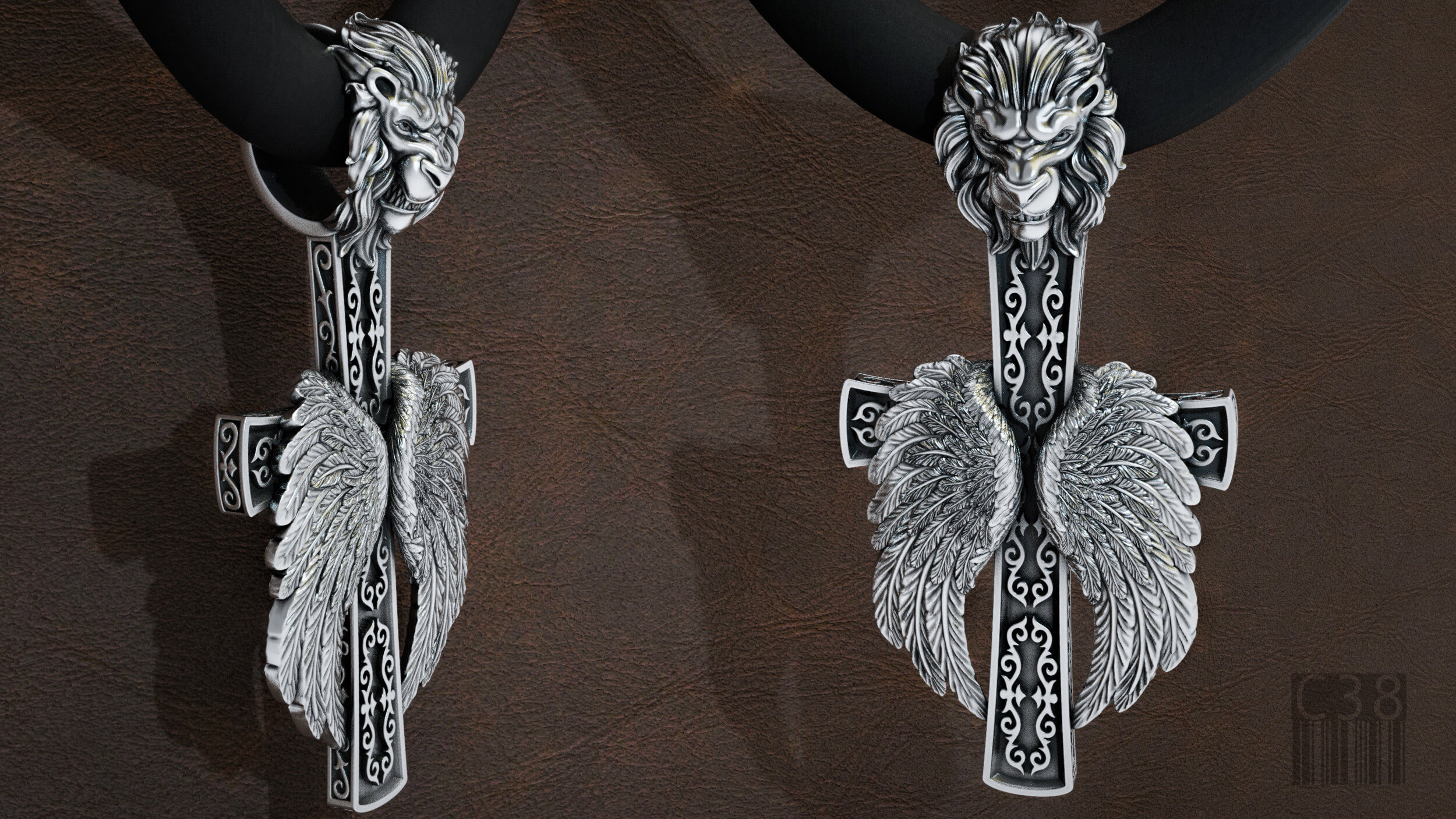 Cross With Lions Head and Angels Wings - 3D Model by TahmAz