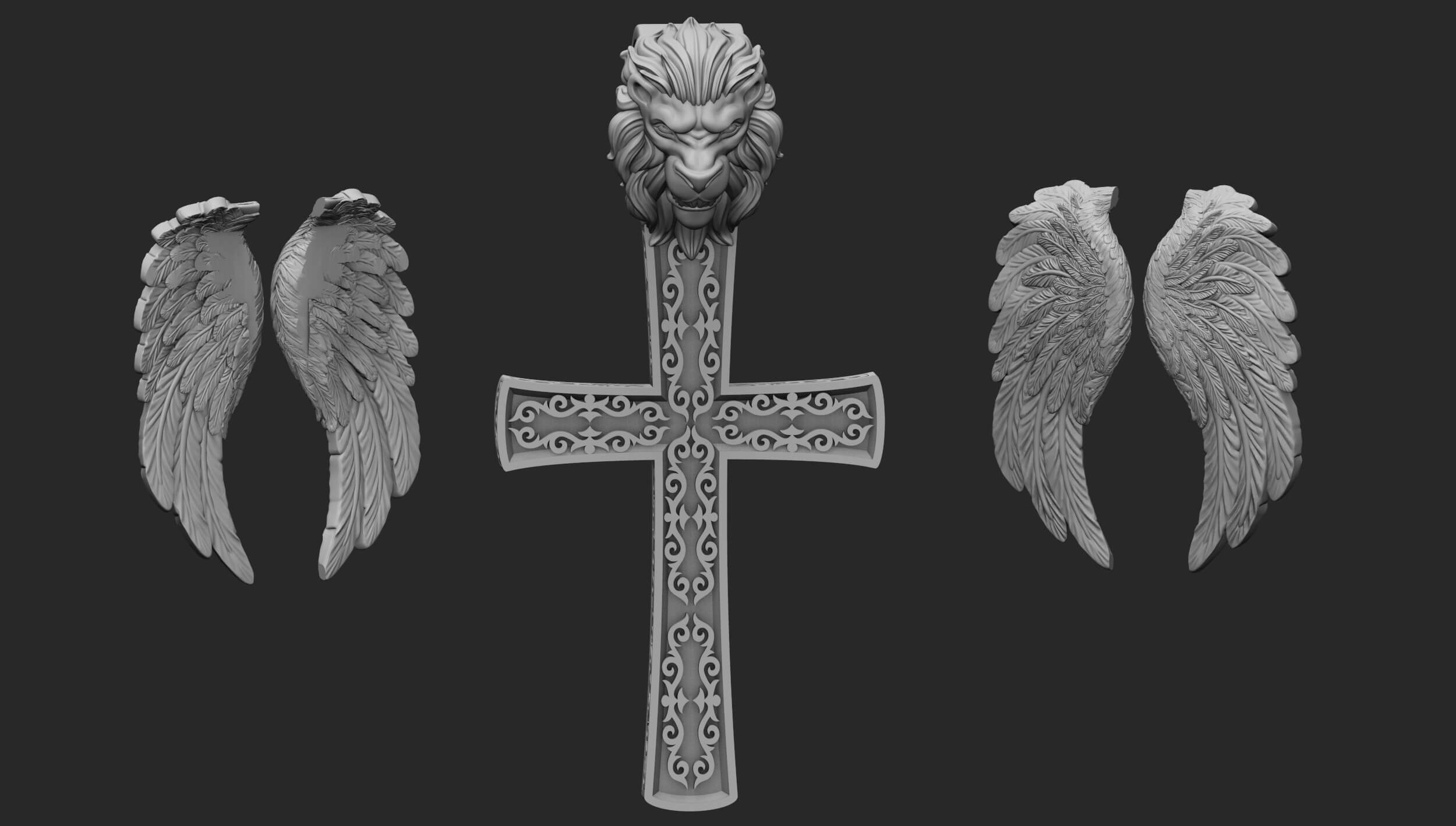 Cross With Lions Head and Angels Wings - 3D Model by TahmAz