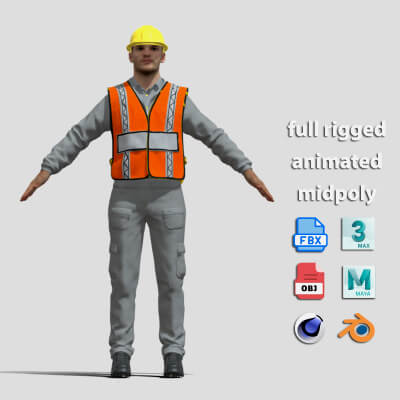 A-Pose Rigged Construction Worker Full Body & Face Rig 3