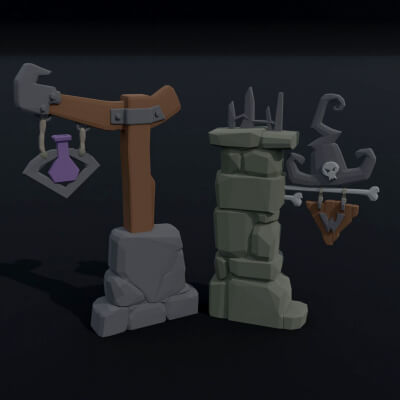 Cartoon Fantasy Witch Road Sign Polygonal Style