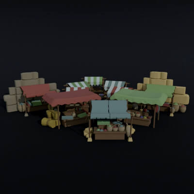 Cartoon Medieval City Markets Polygonal Style
