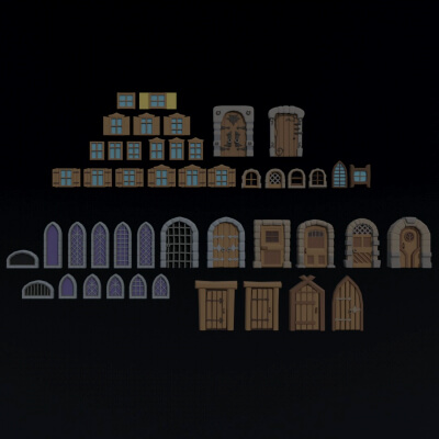 Cartoon Medieval Doors and Windows Polygonal Style