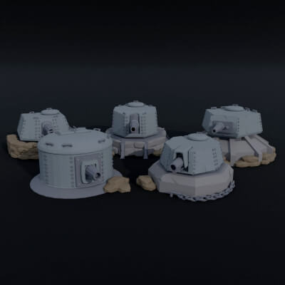 Cartoon Dieselpunk Gun Turrets Polygonal Style