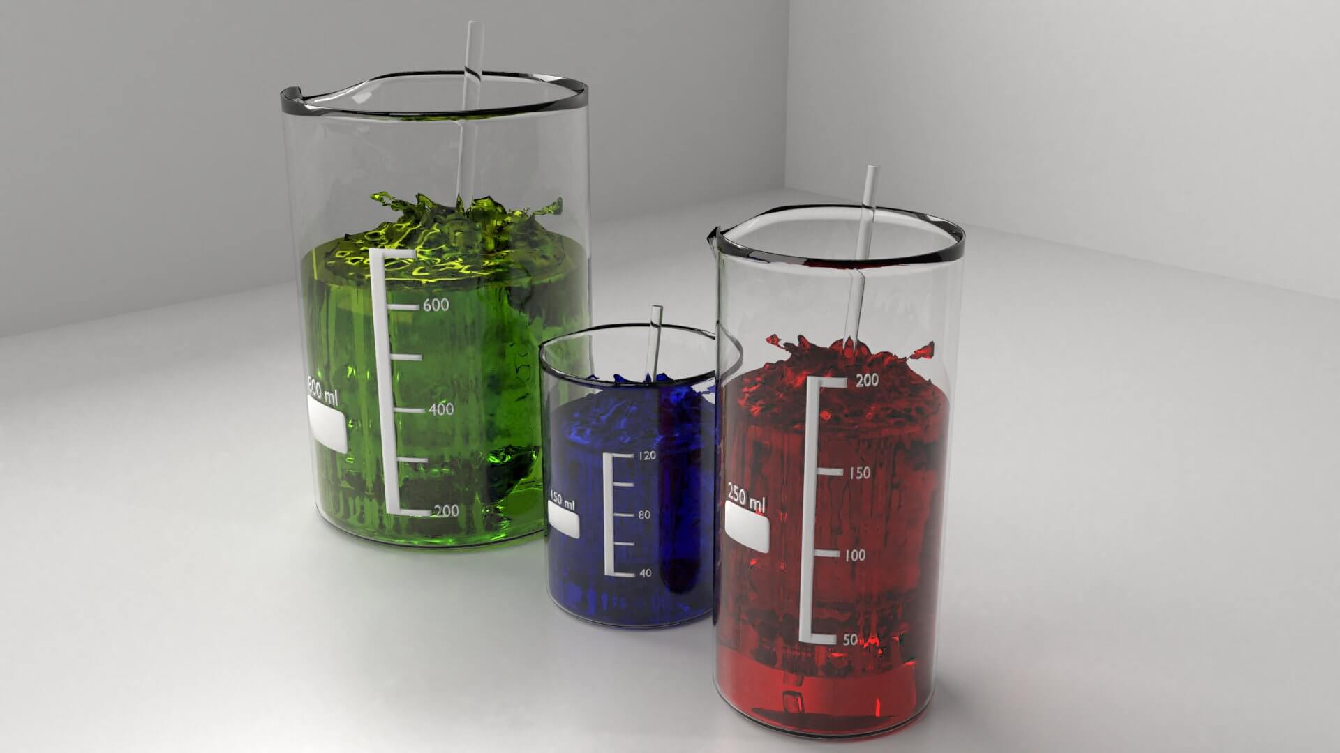 150ml, 250ml and 800ml Glass Beaker with Liquid and Rod - 3D Model by unos