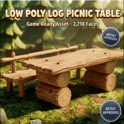 Stylized Low Poly Log Picnic Table With Bench - Game Ready