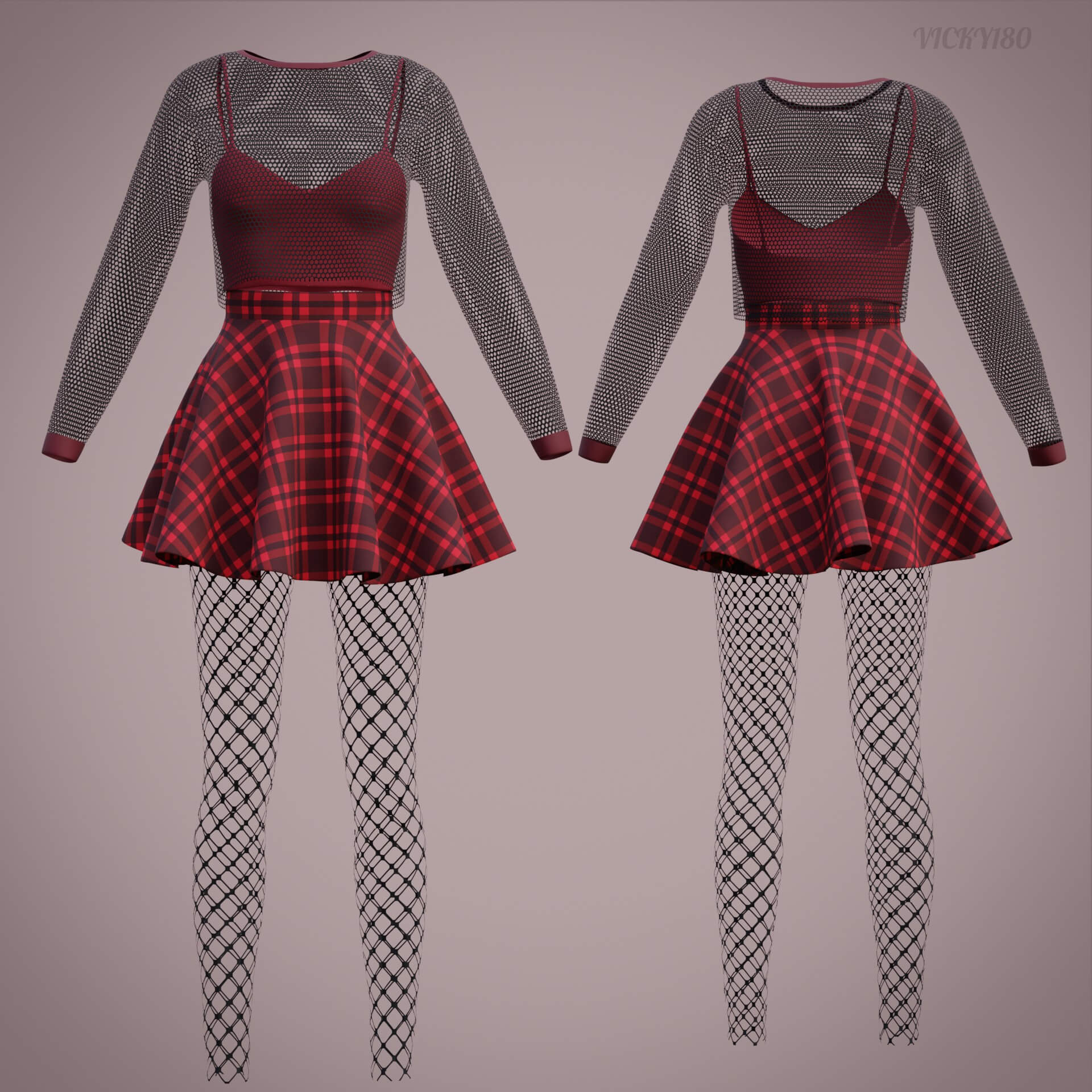 Grunge Fishnet Outfit - Plaid Skirt and Sheer Blouse Tights 3D Model by ...