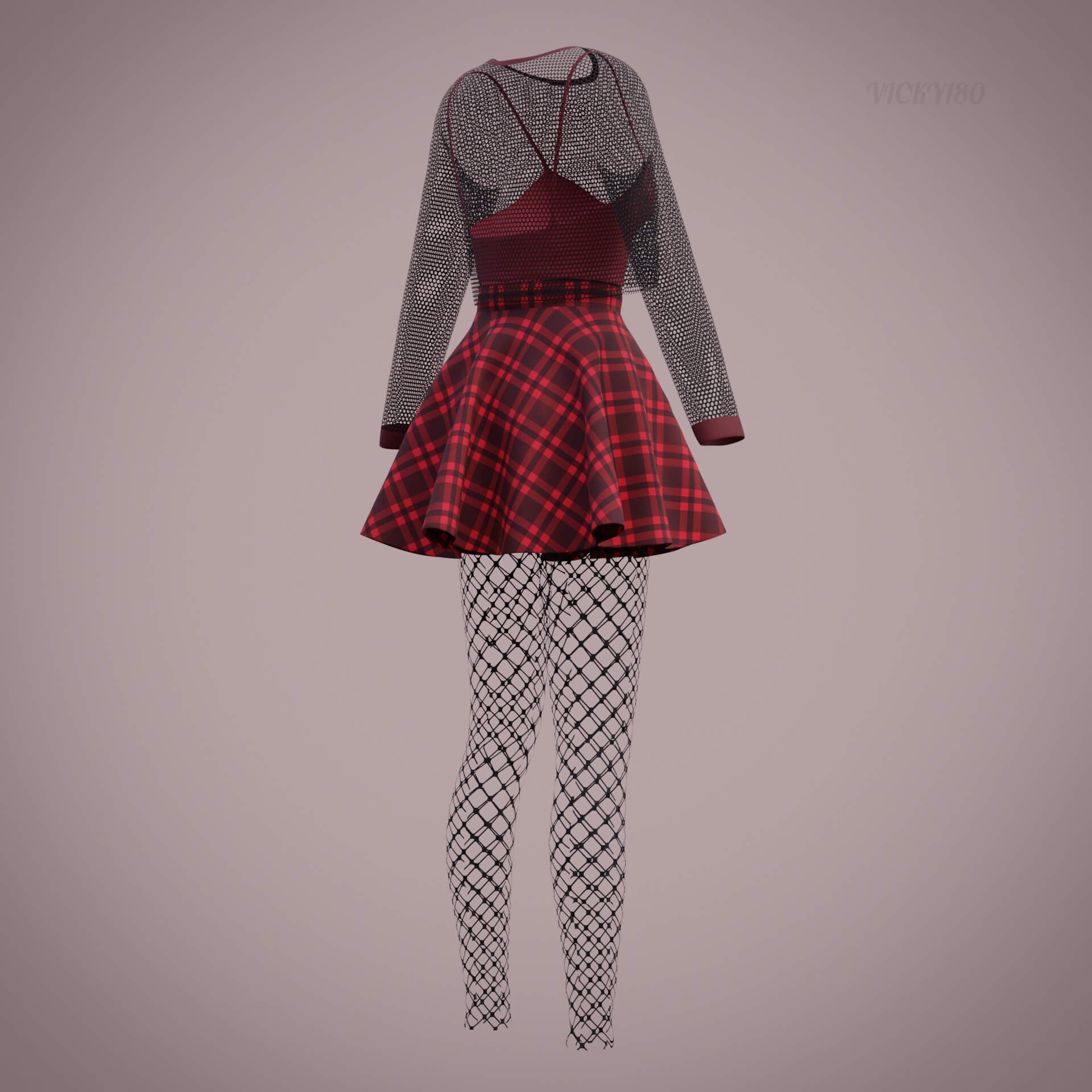 Grunge Fishnet Outfit - Plaid Skirt and Sheer Blouse Tights 3D Model by ...