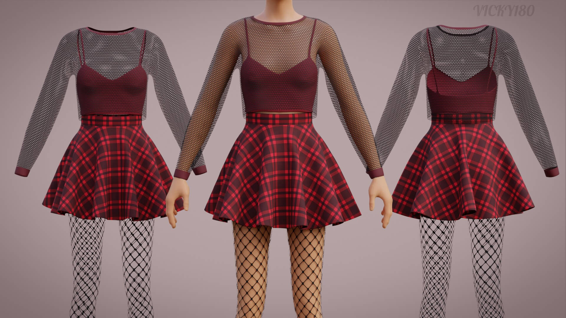 Grunge Fishnet Outfit - Plaid Skirt and Sheer Blouse Tights 3D Model by ...