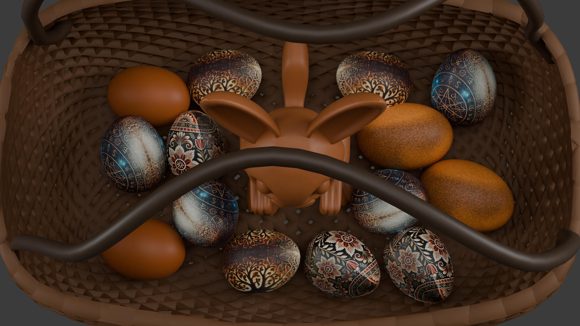 Wicker Basket Decorative Easter Eggs and a Chocolate Rabbit - 3D Model ...