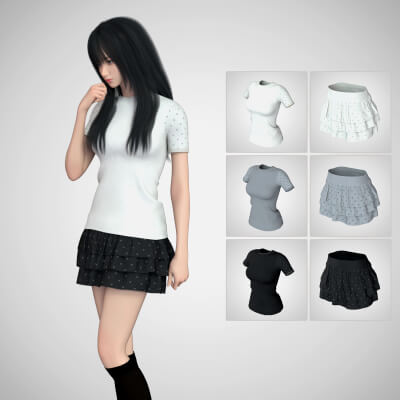 YYX Essential Fitted Tee & Layered Ruffle Mini Skirt Set