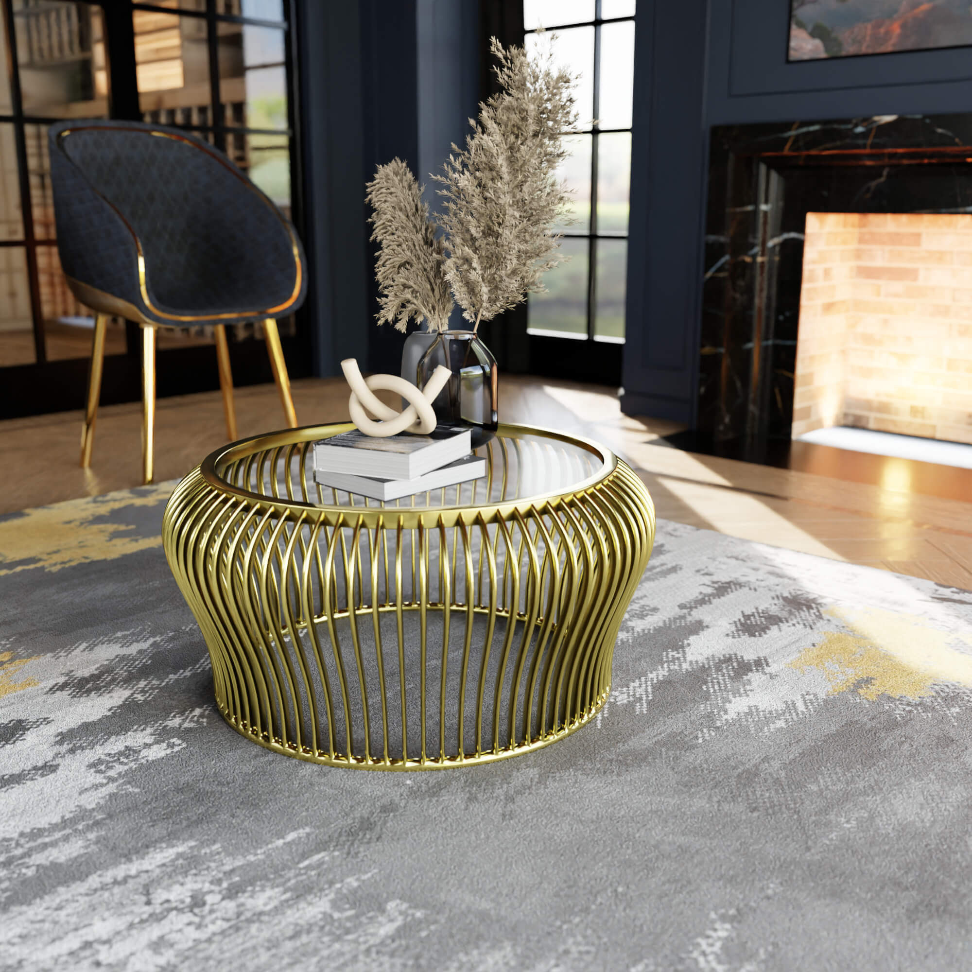 Luxury Gold Wireframe Coffee Table with Glass Top - 3D Model by ZaynA